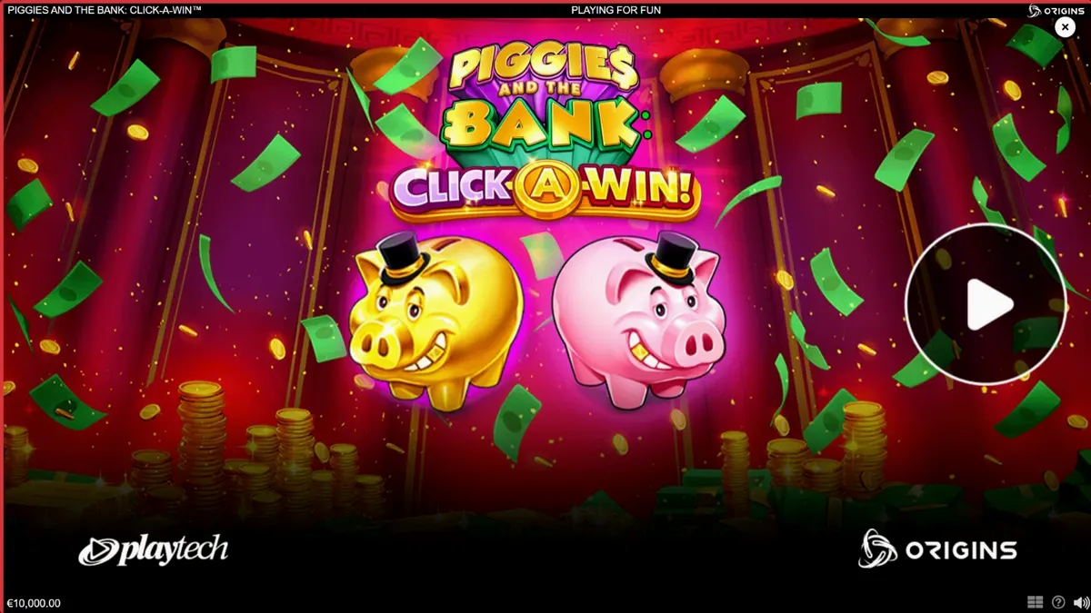 Interface do jogo Piggies and the Bank: Click-A-Win com porquinho de cartola e moedas de ouro