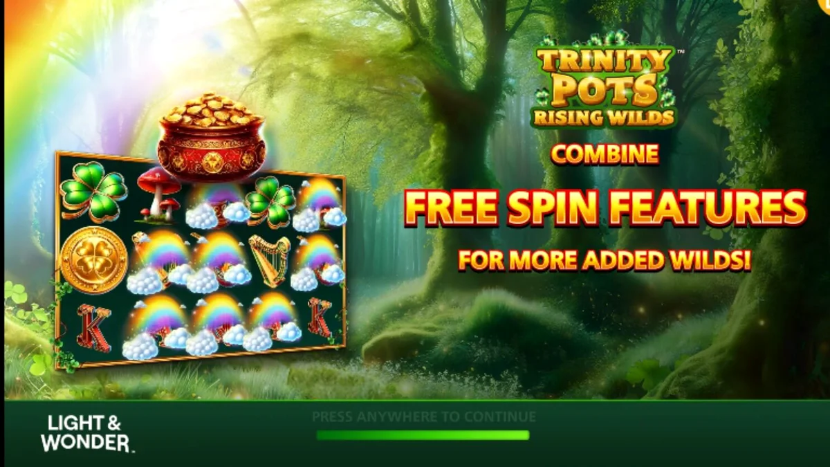 Interface vibrante do slot Trinity Pots Rising Wilds com tema irlandês